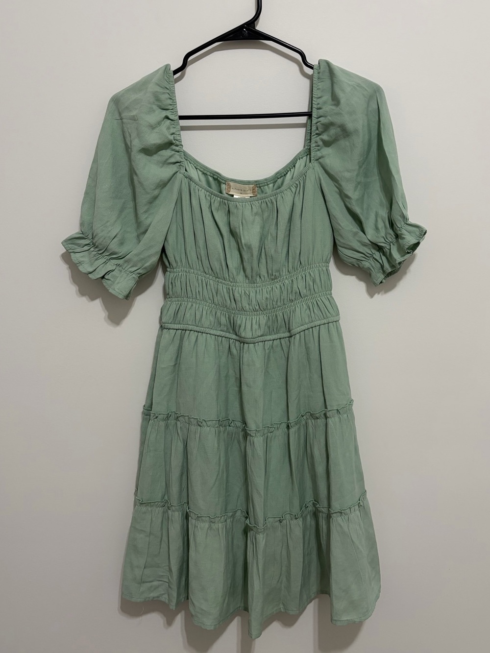 Altar'd State Sage Green Puff-Sleeve Tiered Mini Dress
